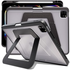 AITEWO 아이패드 케이스 거치대 각도조절 슬림 클리어 태블릿 케이스 펜슬 수납 충전 세로 가로 거치 가능 M5, 블랙, 1개