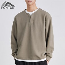POMTOR 남자 캐주얼 라운드티 데일리 루즈핏 이중 레이어드 긴팔 맨투맨