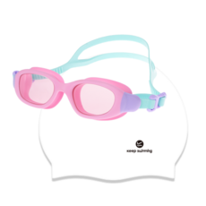킵스위밍 초등 유아동 주니어 생존수영 수경+수모 세트, 수경:핑크+수모:화이트, 1개