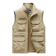 工裝連帽馬甲外套男款 加絨加厚輕薄沖鋒衣夾克 防水連帽背心, L 建議體重（55-65 公斤）, 卡其