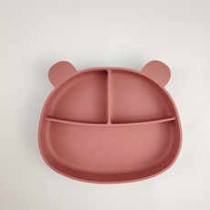 寶寶輔食小熊盤自帶吸盤 卡通硅膠餐盤嬰兒防摔防燙兒童輔食餐具, 1個, 磚紅色【小熊三格餐盤】:如圖
