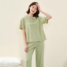 睡衣女純棉短袖長褲圓領套頭夏天親膚透氣可外穿女士家居服夏季