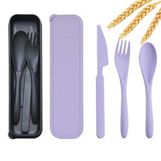 재사용 가능한 여행 기구 세트 케이스 포함 밀짚 휴대용 나이프 포크 스푼 식기 2세트 친환경 BPA 프리 커틀러리 어린이 성인 피크닉 캠핑 필수품 122089, Purple-black