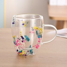 雙層隔熱玻璃杯 附把手 高硼硅乾燥花內置透明咖啡杯, 多色滿天星,獨立白盒氣泡袋250ml