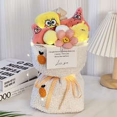 小新優品 維尼熊跳跳虎玩偶花束，七夕情人節/生日/畢業禮物，送女友/閨蜜/兒童, 海綿寶寶派大星+燈串+禮袋, 1個