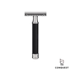 CONQUEST 德國 MUHLE 穆勒 R89 黑色安全刮鬍刀，三件式封閉刀頭設計，新手入門推薦，安全舒適刮鬍體驗, 1個, 刮鬍刀 + 收納安全套 + 刀片10片