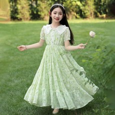 DIU 女童夏裝連衣裙新款兒童公主裙洋氣中大童長裙碎花雪紡裙子夏