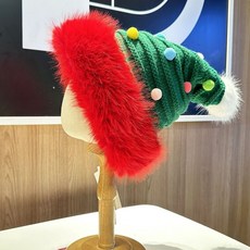 毛絨紅色聖誕帽子 可愛搞怪毛球針織尖尖帽, 綠色,成人均碼, 1個