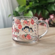 ins玻璃杯加蓋勺牛奶早餐杯甜品杯可愛印花刻度吸管杯子女生禮物-999九號, 1個, 350ml草莓女孩款