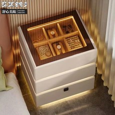 舒心美鏡 實木床頭櫃 輕奢高級感 臥室床邊收納櫃 多層儲物櫃 帶USB充電, 【升級款】三抽淺灰色指紋鎖,45*40cm, 1個
