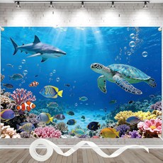 Under The Sea BACK 백drop 3.1 x 2.8m(10 7피트) 바다 수중 배경 91.4m(32.8피트) 리본 더블 스티치 사진 4개의 황동 그로밋 생일 베, 10피트 x 7피트