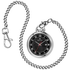 Bulova 클래식 회중시계 3-핸드 날짜 쿼츠 스테인리스 스틸 탈착식 체인이 있는 블랙 다이얼 스타일: 96B308 실버 톤 클래식 회중시계, Bulova 클래식 회중시계 3-핸드 날짜 쿼츠 스테인