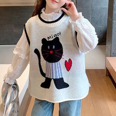 로르카 14세 이상 사용 가능 아동용 여아 고양이 자카드 라운드넥 루즈핏 배색 민소매 니트 조끼 베스트