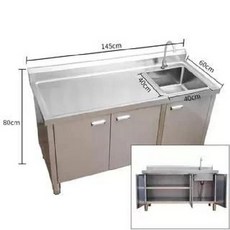 식당 주방 싱크대 하부장 조리대 작업대 업소용 스텐, 145x60x80 우측 싱크볼 두께 1.9mm