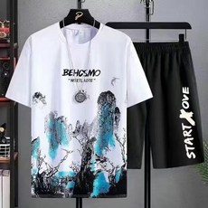 완구 블럭 놀이 빌딩 호환 취미 블록 여름 레저 남성 세트 만화 낙서 티셔츠 반바지 2 피스 이 좋은 남성용 탑 프린트, [00] M, [00] 하얀색