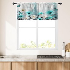 EGIGCC 청록색 주방 커튼 밸런스 132x45.7cm(52x18인치) 작고 짧은 드레이프 터키석 러스틱 화이트 플로럴 플라워 나비 데이지 농가 침실 거실 사무실 미니 카페