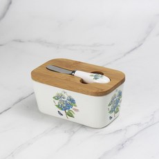 陶瓷牛油盒附蓋抹刀【大紅花】保鮮密封儲存盒, 1個, 牛油盒+抹叨【藍繡球】