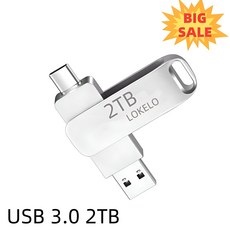 LOKELO <회전 덮개형 방수> 고품질 USB 3.0 2TB 대용량 플래시 실버 usb 메모리 360도 회전식 Type-C 2TB 외장하드 대용량 초고속 휴대용 저장장치, 1개