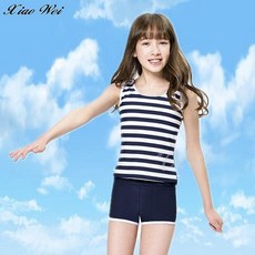 梅林 陽光藍白條紋款女童/大童二件式泳裝