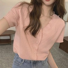 여성 브이넥 주름 크롭 기장 신축성 반팔 가디건