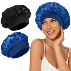 새틴 보닛 실크 보닛 2개 수면용 헤어 보닛 신축성 있는 와이드 밴드 실크 수면 캡 부드럽고 통기성이 좋음(블랙 레오파드), 블랙&블루