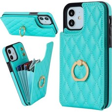 Folosu iPhone 12 Pro 케이스 지갑 카드 홀더 360도 회전 핑거 링 홀더 킥스탠드 RFID 차단 PU 가죽 더블 버튼 플립 커버 6.1인치 블랙 호환