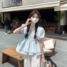 木耳邊娃娃衫上衣 韓系甜美系帶泡泡袖襯衫