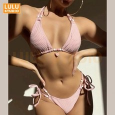 LULU 素色女士泳衣 歐美性感爆乳bikini 沙灘泳衣 顯瘦游泳衣女 帶胸墊泳裝 挂脖女生泳衣 小胸比基尼, 粉色,L, 粉色