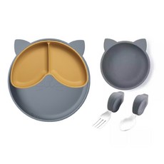 Qlittle 貓咪造型餐盤組 碗 叉匙組, 藍棕, 1個