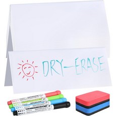 테이블용 재사용 가능한 드라이 이레이즈 네임 텐트 카드 14개 마커 4개와 지우개 2개 7.8인치 x 3.1인치 PVC 책상 위에 놓인 플레이트 결혼식 교실 사무실 회의용 흰색, White
