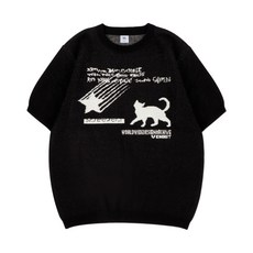 벤힛 VENHIT 별과 고양이 자카드 니트 하프티 BLACK