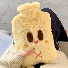 冬季必備 註水式熱水袋 安全保暖 可愛毛絨暖手熱水袋註水大號灌水暖水袋被窩專用女生敷肚子暖寶寶, 黃色-1000ml,大眼萌兔精品兔毛+PVC材質