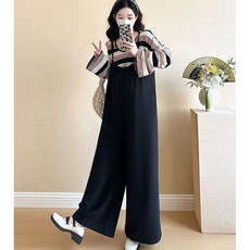 임산부 멜빵바지 세트 임부 봄 가을 스트라이프 티셔츠 + 와이드 멜빵바지 세트 캐주얼 임부복 YXF