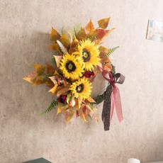 해바라기 조화 리스 버찌 45cm 인테리어 꽃 벽걸이 장식 소품 현관 금전화 풍수 개업, 단품