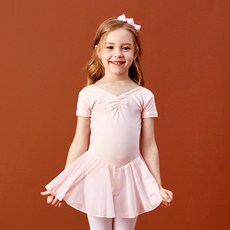 분홍색 베이직 셔폰 발레스커트 소녀용 반팔 발레복 등뒤 리본, 연분홍색, 1개