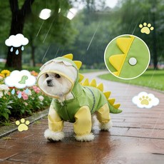 Tinduo 강아지 고양이 우비 목보호형 일체식 네발 방수 공룡 디자인 후드티 망토 겸용 반려견 야외 산책 비옷 소형 중형견용, 녹색, 1개