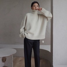 부드러운 여성 가을 겨울 울 하이넥 루즈핏 무지 니트 두툼한 따뜻한 스웨터, 오프화이트