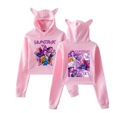 HUNTR/X 獵魔女團動漫印花貓耳朵連帽短款衛衣, 1個, 粉色2