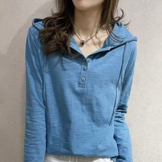 PEROLA 여성 가을 빅사이즈 긴팔 슬라브 얇은 후드티 루즈핏 캐주얼 후드티셔츠 봄여름 무지 티셔츠