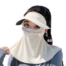 防曬面罩女 夏季防紫外線騎車遮陽帽子口罩一體護頸薄款臉基尼, 米色（帽子護頸一體）,M, 1個