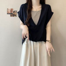 假兩件條紋短袖T恤女夏季寬鬆上衣