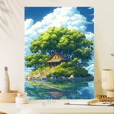액자형 3D 사각큐빅 보석십자수 DIY 키트 캔버스 일체형 풍경 동물 꽃식물 금전운 풍수 그림 장식 선물용 40x50cm, 1개, 호수의 작은 섬