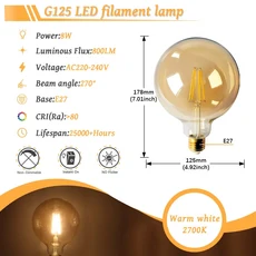 2개 레트로 에디슨 빈티지 전구 E27 4W AC 220V-240V 산업용 로프트 홈 데코 따뜻한 빛 필라멘트 램프, 21 G125 E27 2700K 8W, 01 AC220-240V