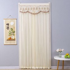 隱私蕾絲防蚊門簾 臥室雙層廚房隔斷紗簾, 月升-米色【布+紗】,90*180-送杆+魔術貼