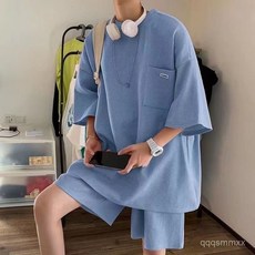 運動套裝男 T恤短褲套裝 潮流 韓版 帥氣 華夫格 短袖夏季套裝 ins 潮牌 港風 短袖短褲兩件套 純色 運動風 透氣