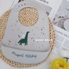 SHINYWAWA 食品級矽膠圍兜 防水防油吃飯圍兜 - 台灣現貨, (現貨)灰色恐龍, 1個