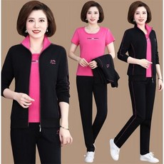 남극인 엄마 봄옷 2022 중노년층 트레이닝복세트 여성 봄가을 빅사이즈 중년 쓰리 피스이다, 1개, 블랙 로즈레드 (반팔 이너웨어 )_코