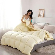 구스다운이불 구스다운이불세트 4계절구스다운이불 계절 고급 흰색 거위오리 이불 겨울 담요 필러 코튼 커버 두꺼운 트윈 전체 퀸 킹 사이즈, light yellow
