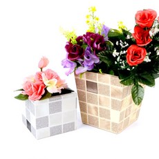 마이올샵 체크무늬 인테리어 조화 화분 인테리어꽃병, 화이트 - 소