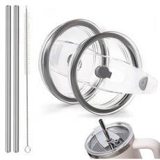 LJL[1+1]스탠리 텀블러 뚜껑 호환 1180ml/887ml/591ml 밀폐 플립 빨대뚜껑 +스텐 빨대 2개, 그레이, 1세트, 887ml